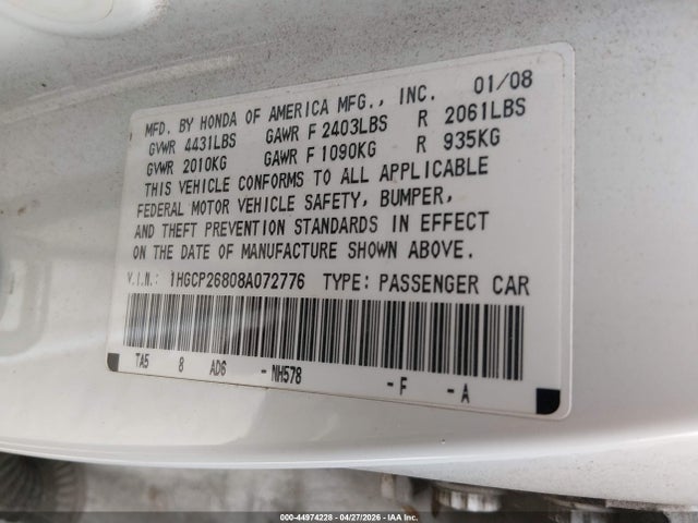 Продажа на аукционе авто 2008 Honda Accord 2.4 Ex-l, vin: 1HGCP26808A072776, номер лота: 44974228