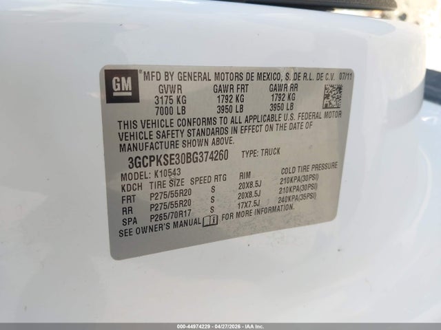 44974229 :رقم المزاد ، 3GCPKSE30BG374260 vin ، 2011 Chevrolet Silverado 1500 Lt مزاد بيع