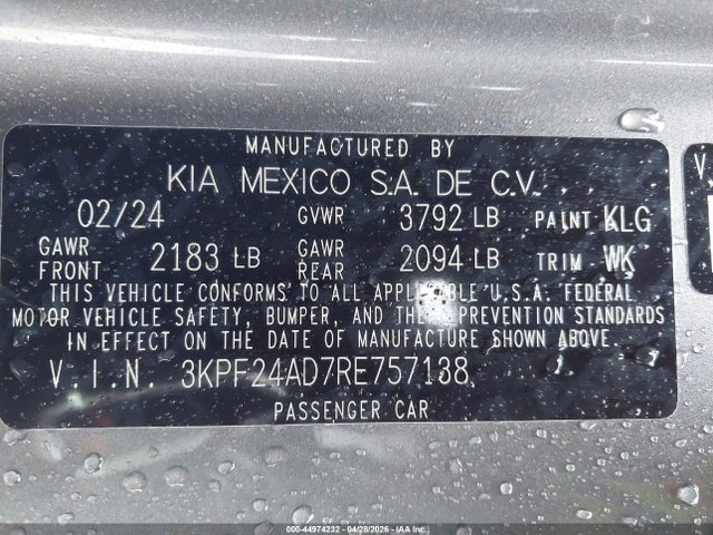 Aukcja sprzedaży 2024 Kia Forte Lxs, vin: 3KPF24AD7RE757138, numer aukcji: 44974232