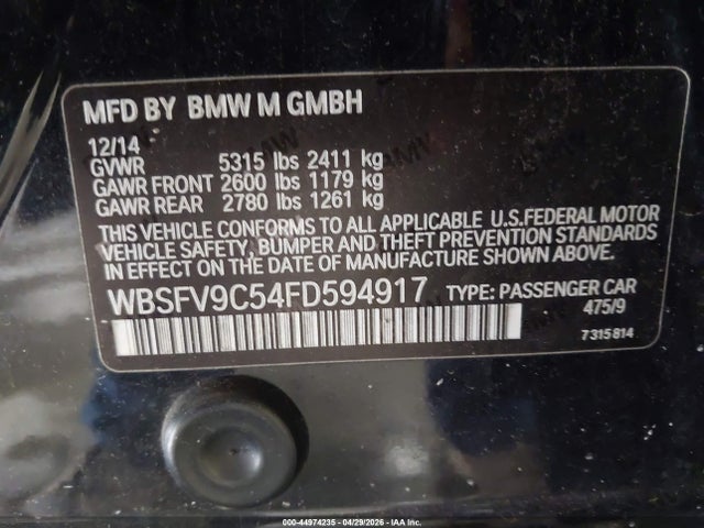 Aukcja sprzedaży 2015 Bmw M5, vin: WBSFV9C54FD594917, numer aukcji: 44974235