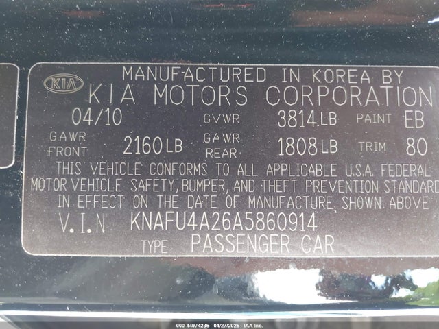 44974236 :رقم المزاد ، KNAFU4A26A5860914 vin ، 2010 Kia Forte Ex مزاد بيع