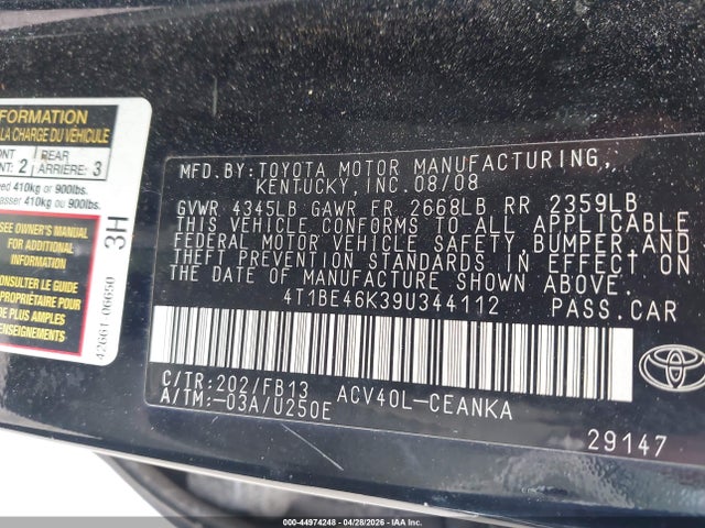 Aukcja sprzedaży 2009 Toyota Camry, vin: 4T1BE46K39U344112, numer aukcji: 44974248