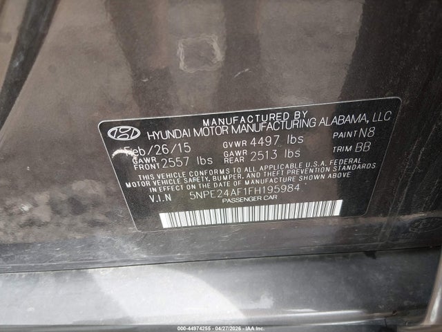 Aukcja sprzedaży 2015 Hyundai Sonata Se, vin: 5NPE24AF1FH195984, numer aukcji: 44974255