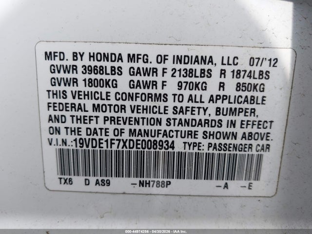 44974256 :رقم المزاد ، 19VDE1F7XDE008934 vin ، 2013 Acura Ilx 2.0l مزاد بيع