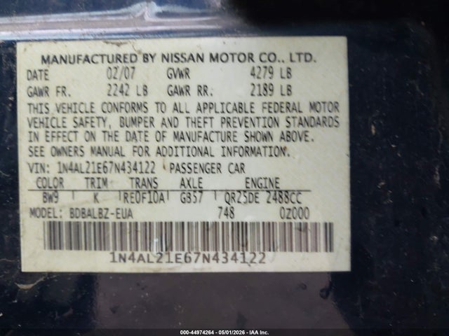Aukcja sprzedaży 2007 Nissan Altima 2.5 S, vin: 1N4AL21E67N434122, numer aukcji: 44974264