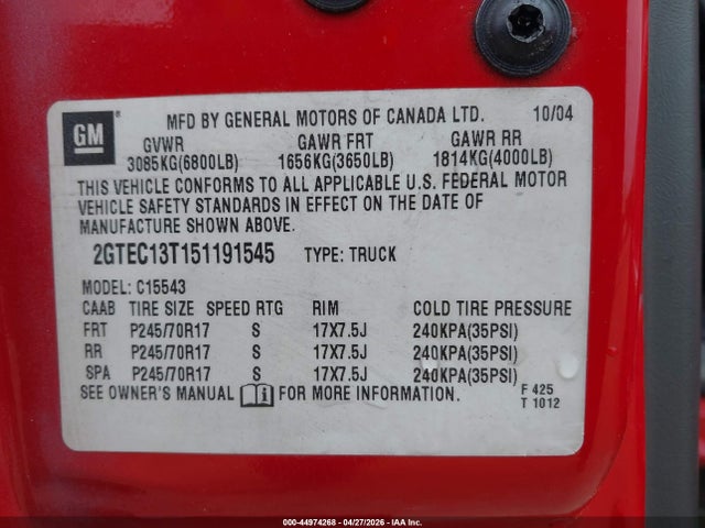 44974268 :رقم المزاد ، 2GTEC13T151191545 vin ، 2005 Gmc Sierra 1500 Sle مزاد بيع