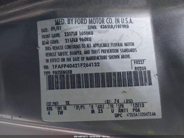 Продажа на аукционе авто 2001 Ford Mustang, vin: 1FAFP40421F264132, номер лота: 44974272