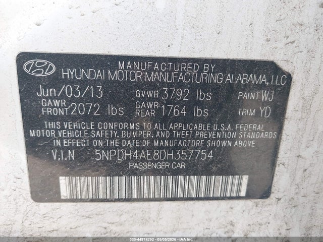 Продажа на аукционе авто 2013 Hyundai Elantra Gls, vin: 5NPDH4AE8DH357754, номер лота: 44974292