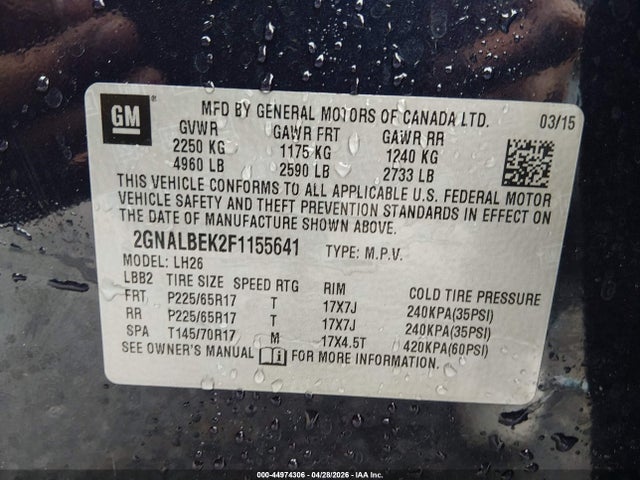 44974306 :رقم المزاد ، 2GNALBEK2F1155641 vin ، 2015 Chevrolet Equinox 1lt مزاد بيع