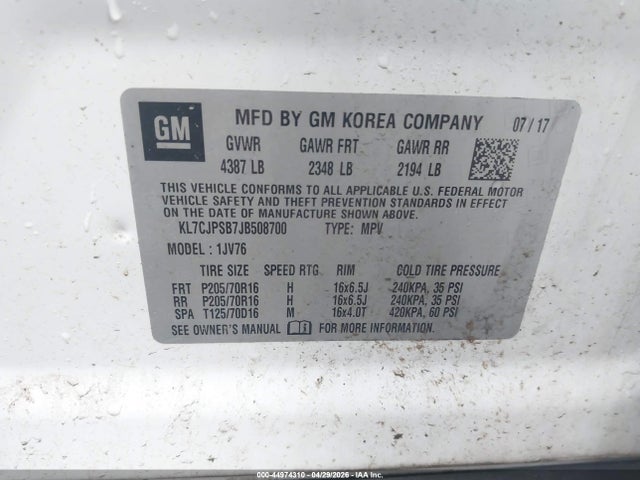 Продажа на аукционе авто 2018 Chevrolet Trax Lt, vin: KL7CJPSB7JB508700, номер лота: 44974310