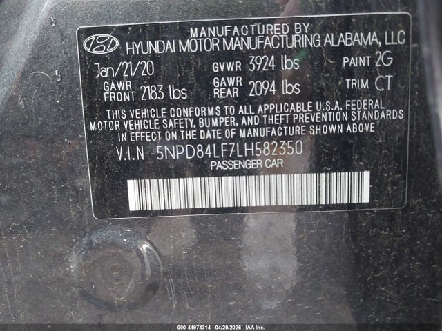 Auction sale of the 2020 Hyundai Elantra Sel, vin: 5NPD84LF7LH582350, lot number: 44974314