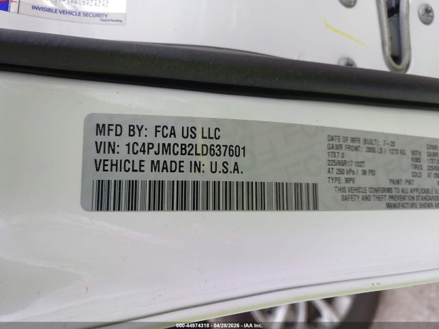 Auction sale of the 2020 Jeep Cherokee Latitude 4x4, vin: 1C4PJMCB2LD637601, lot number: 44974318
