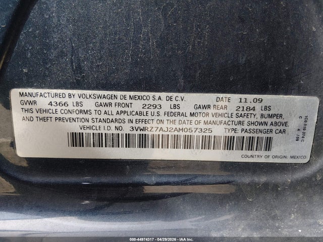 Aukcja sprzedaży 2010 Volkswagen Jetta Se, vin: 3VWRZ7AJ2AM057325, numer aukcji: 44974317