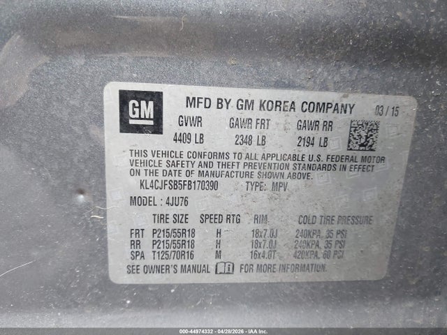44974332 :رقم المزاد ، KL4CJFSB5FB170390 vin ، 2015 Buick Encore Convenience مزاد بيع