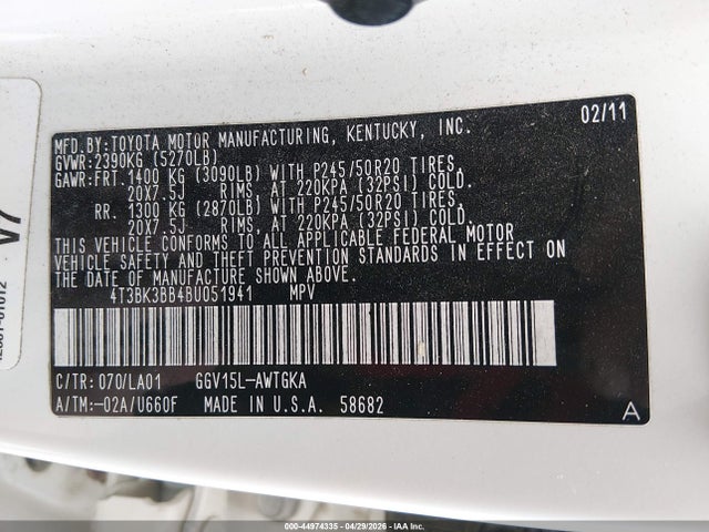 Aukcja sprzedaży 2011 Toyota Venza Base V6, vin: 4T3BK3BB4BU051941, numer aukcji: 44974335