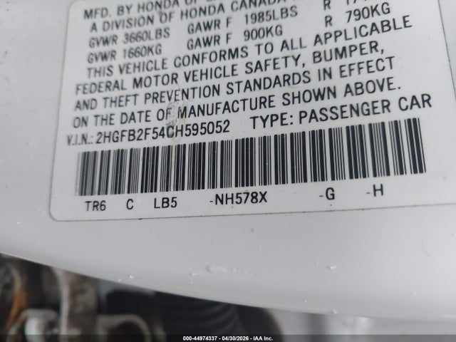 44974337 :رقم المزاد ، 2HGFB2F54CH595052 vin ، 2012 Honda Civic Lx مزاد بيع