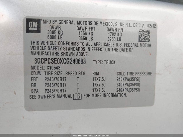 Продаж на аукціоні авто 2012 Chevrolet Silverado 1500 Lt, vin: 3GCPCSE0XCG240683, номер лоту: 44974338