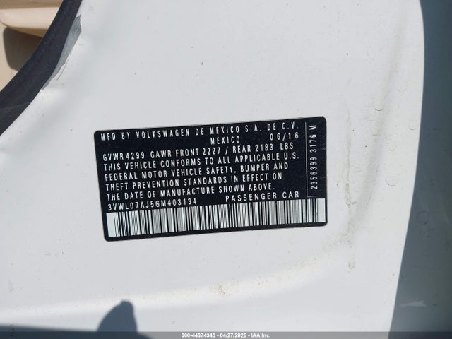 Aukcja sprzedaży 2016 Volkswagen Jetta 1.8t Sel, vin: 3VWL07AJ5GM403134, numer aukcji: 44974340