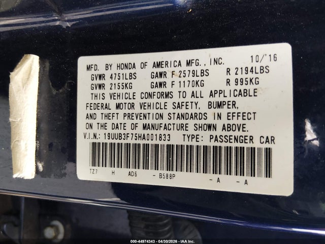 44974343 :رقم المزاد ، 19UUB3F75HA001833 vin ، 2017 Acura Tlx Advance Package مزاد بيع