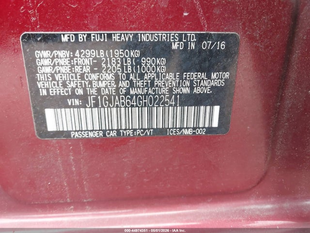 Aukcja sprzedaży 2016 Subaru Impreza 2.0i Premium, vin: JF1GJAB64GH022541, numer aukcji: 44974351
