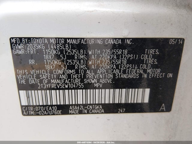 Aukcja sprzedaży 2014 Toyota Rav4 Limited, vin: 2T3YFREV5EW104755, numer aukcji: 44974364