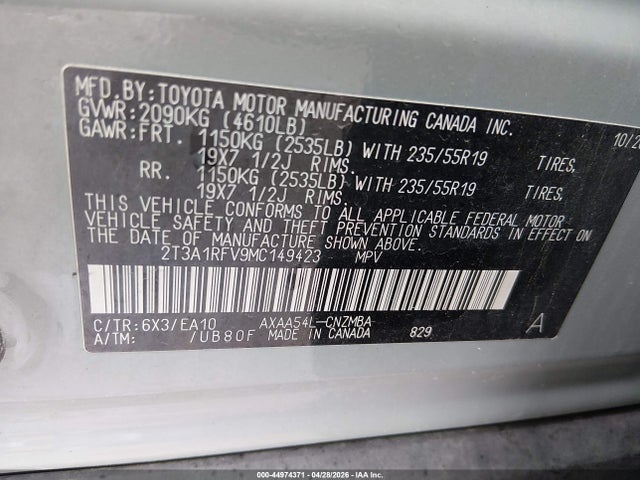 Aukcja sprzedaży 2021 Toyota Rav4 Xle Premium, vin: 2T3A1RFV9MC149423, numer aukcji: 44974371