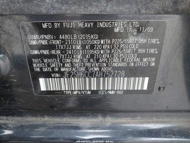 44974372 :رقم المزاد ، JF2SH6CC7AH752728 vin ، 2010 Subaru Forester 2.5x Premium مزاد بيع