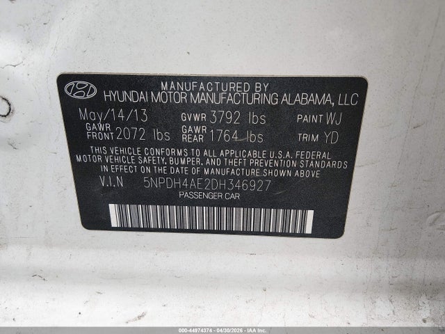 Продаж на аукціоні авто 2013 Hyundai Elantra Gls, vin: 5NPDH4AE2DH346927, номер лоту: 44974374