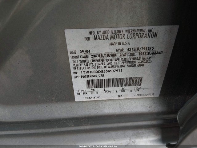 44974375 :رقم المزاد ، 1YVHP80D855M07911 vin ، 2005 Mazda Mazda6 S Sport مزاد بيع