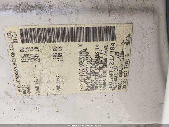 Aukcja sprzedaży 2012 Nissan Altima 2.5 S, vin: 1N4AL2AP1CC212384, numer aukcji: 44974382