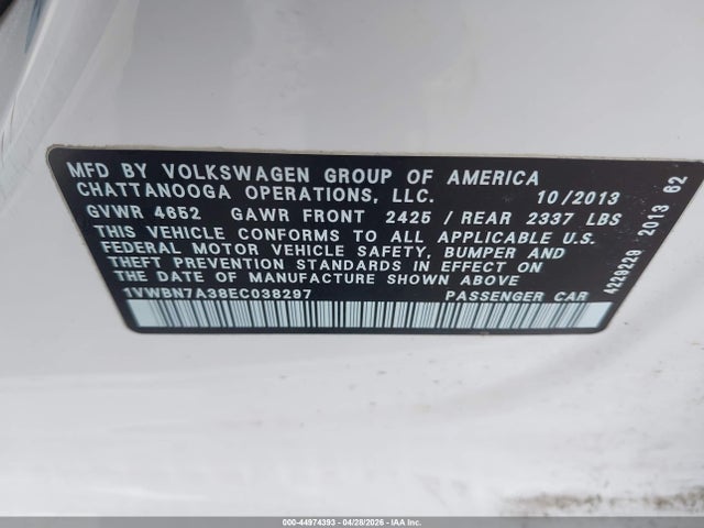 Aukcja sprzedaży 2014 Volkswagen Passat 2.0l Tdi Se, vin: 1VWBN7A38EC038297, numer aukcji: 44974393