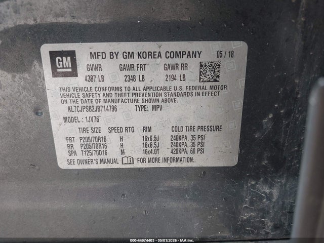 Aukcja sprzedaży 2018 Chevrolet Trax Lt, vin: KL7CJPSB2JB714796, numer aukcji: 44974403