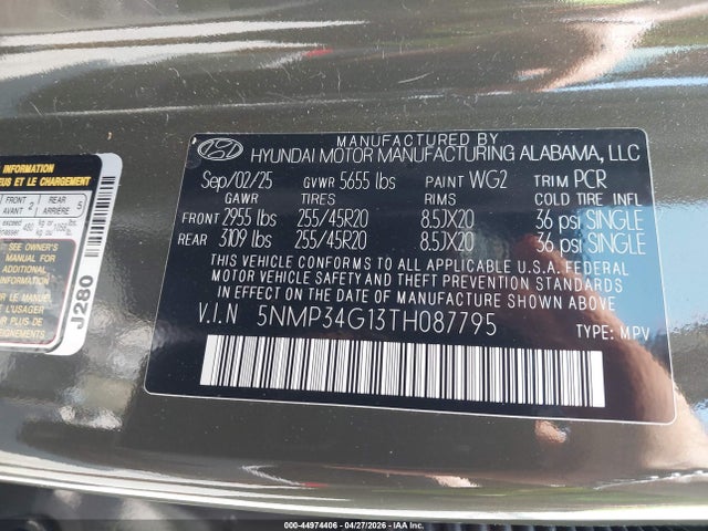 2026 Hyundai Santa Fe Hybrid Limited 7 Passenger მანქანა იყიდება აუქციონზე, vin: 5NMP34G13TH087795, აუქციონის ნომერი: 44974406