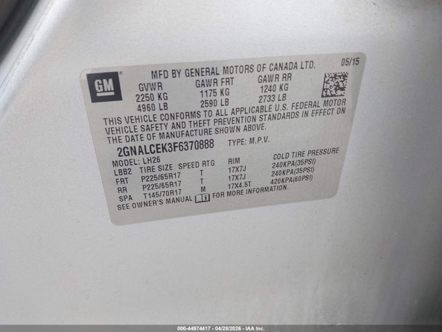 44974417 :رقم المزاد ، 2GNALCEK3F6370888 vin ، 2015 Chevrolet Equinox 2lt مزاد بيع