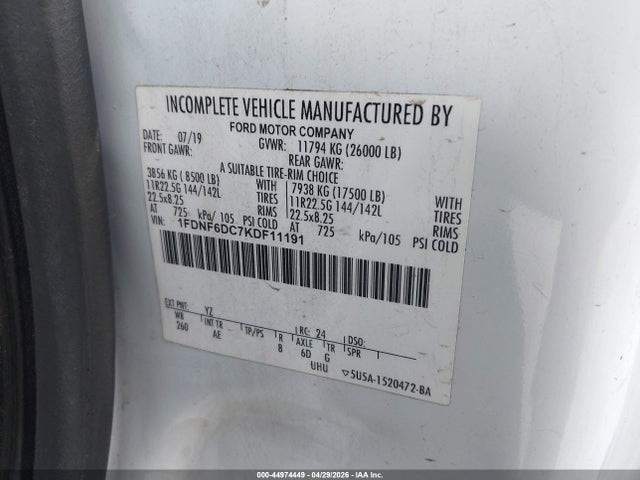 2019 Ford F-650 Diesel მანქანა იყიდება აუქციონზე, vin: 1FDNF6DC7KDF11191, აუქციონის ნომერი: 44974449
