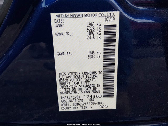 2020 Nissan Altima Sr Fwd მანქანა იყიდება აუქციონზე, vin: 1N4BL4CV8LC124363, აუქციონის ნომერი: 44974455