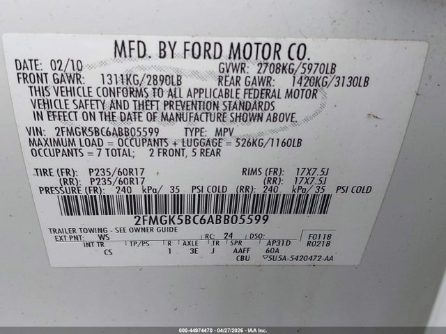 Aukcja sprzedaży 2010 Ford Flex Se, vin: 2FMGK5BC6ABB05599, numer aukcji: 44974470