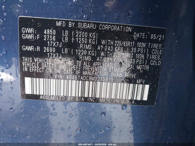 2021 Subaru Outback Premium მანქანა იყიდება აუქციონზე, vin: 4S4BTADC8M3215815, აუქციონის ნომერი: 44974471