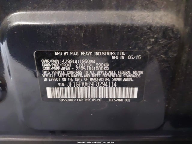 2015 Subaru Impreza 2.0i მანქანა იყიდება აუქციონზე, vin: JF1GPAA69F8294114, აუქციონის ნომერი: 44974474