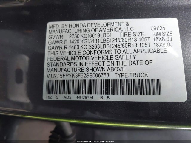 44974476 :رقم المزاد ، 5FPYK3F62SB006758 vin ، 2025 Honda Ridgeline Trailsport مزاد بيع