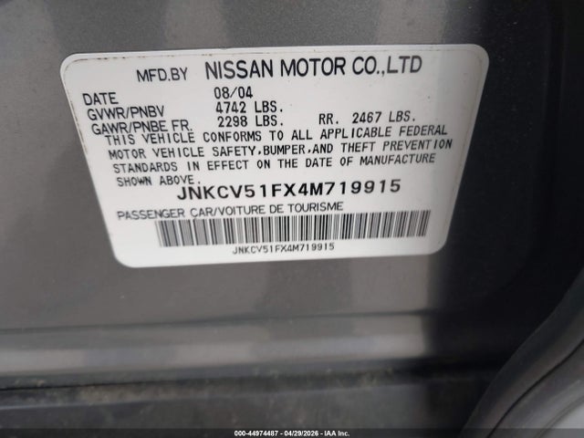 2004 Infiniti G35x მანქანა იყიდება აუქციონზე, vin: JNKCV51FX4M719915, აუქციონის ნომერი: 44974487
