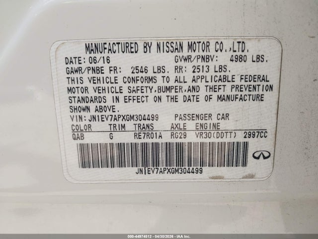 Продаж на аукціоні авто 2016 Infiniti Q50 3.0t Premium, vin: JN1EV7APXGM304499, номер лоту: 44974512