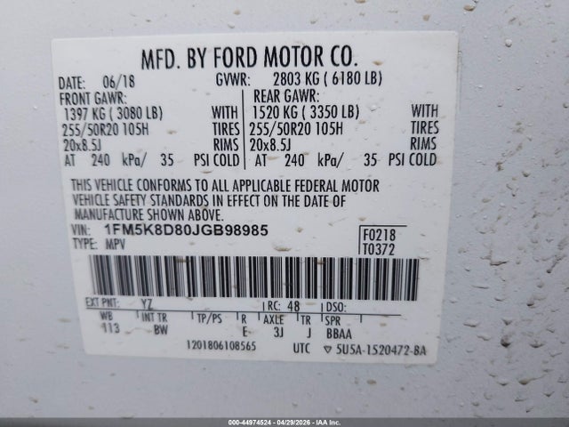 Aukcja sprzedaży 2018 Ford Explorer Xlt, vin: 1FM5K8D80JGB98985, numer aukcji: 44974524
