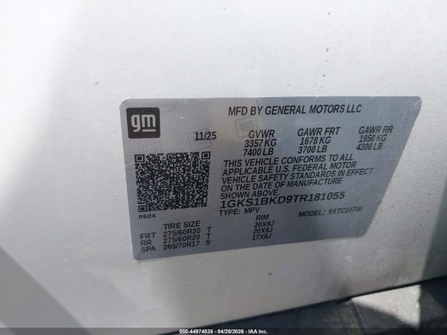 Aukcja sprzedaży 2026 Gmc Yukon 2wd Elevation, vin: 1GKS1BKD9TR181055, numer aukcji: 44974535