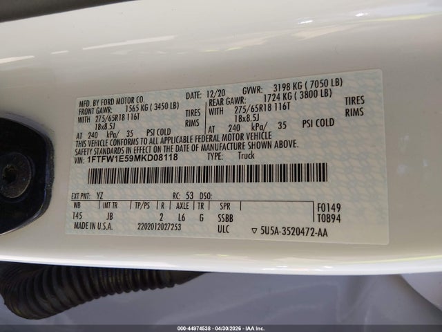 Aukcja sprzedaży 2021 Ford F-150 Xl, vin: 1FTFW1E59MKD08118, numer aukcji: 44974538