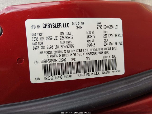 Продажа на аукционе авто 2008 Dodge Grand Caravan Sxt, vin: 1D8HN54P78B152707, номер лота: 44974546