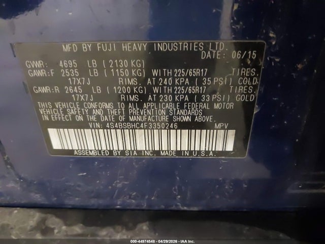 2015 Subaru Outback 2.5i Premium მანქანა იყიდება აუქციონზე, vin: 4S4BSBHC4F3350246, აუქციონის ნომერი: 44974548