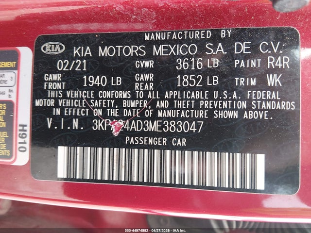 2021 Kia Rio S მანქანა იყიდება აუქციონზე, vin: 3KPA24AD3ME383047, აუქციონის ნომერი: 44974552