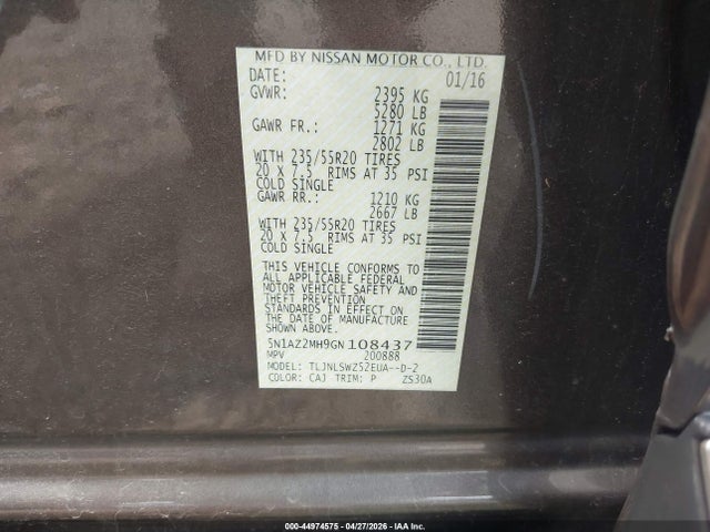 Продаж на аукціоні авто 2016 Nissan Murano Platinum, vin: 5N1AZ2MH9GN108437, номер лоту: 44974575