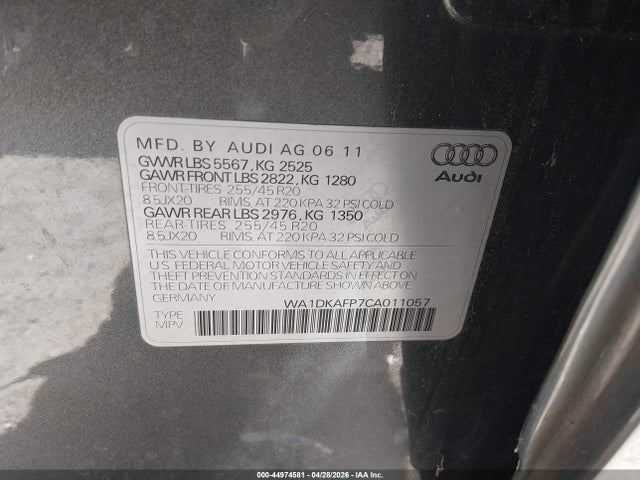 Aukcja sprzedaży 2012 Audi Q5 3.2 Premium Plus, vin: WA1DKAFP7CA011057, numer aukcji: 44974581